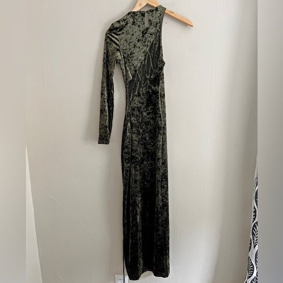 CAMILA COELHO Green Velvet One Shoulder Cutout Lace-Up Maxi Gown party dress XS - Picture 12 of 14
